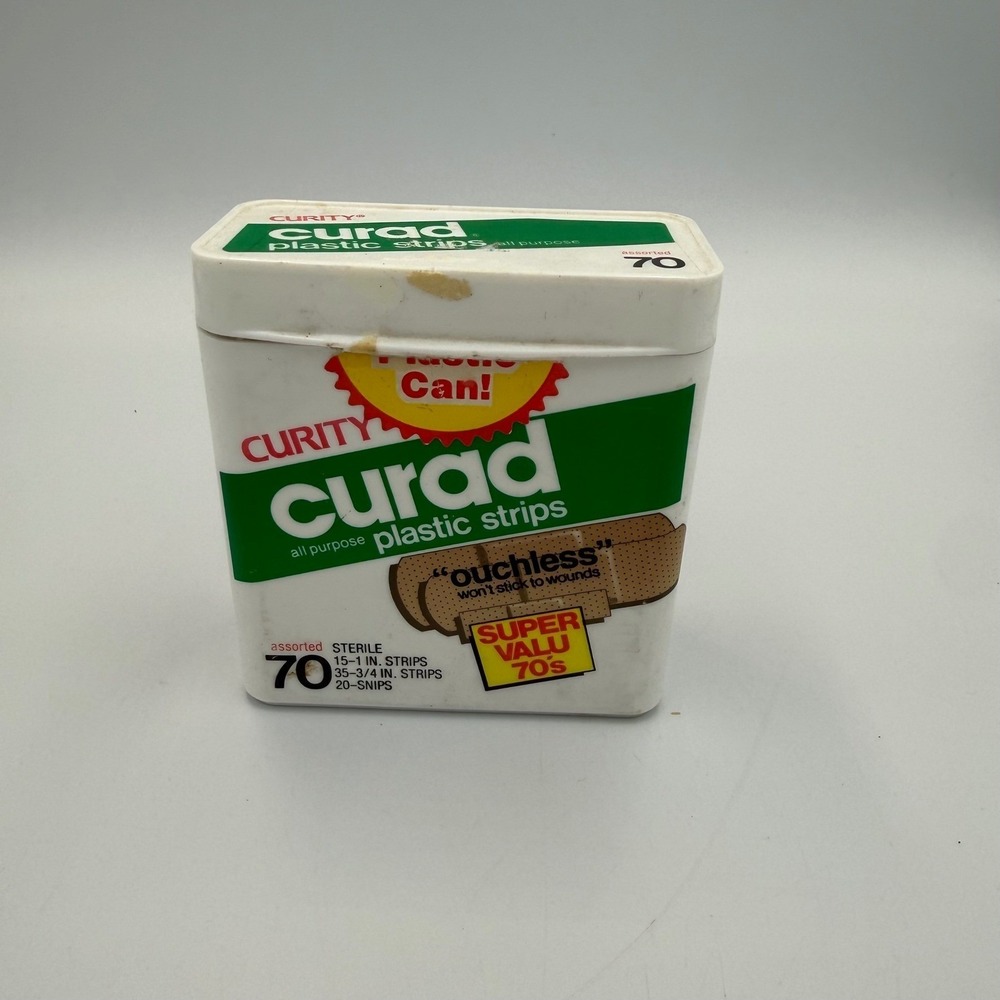 Vintage Curity Curad Plastic Strips Bandage Tin Container 70 Count Prop Decor